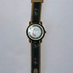 Vintage Jalga Golf Watch Golfer Motif Green Strap Gold Tone Case Wristwatch